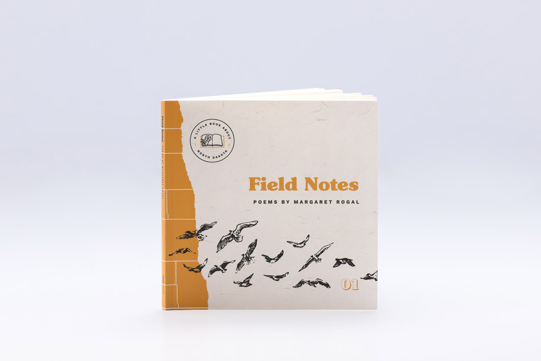 Field Notes poetry book by Margaret Rogal with cream cover featuring flock of birds in flight, orange spine with horizontal lines, and Seven Kitchens Press logo.