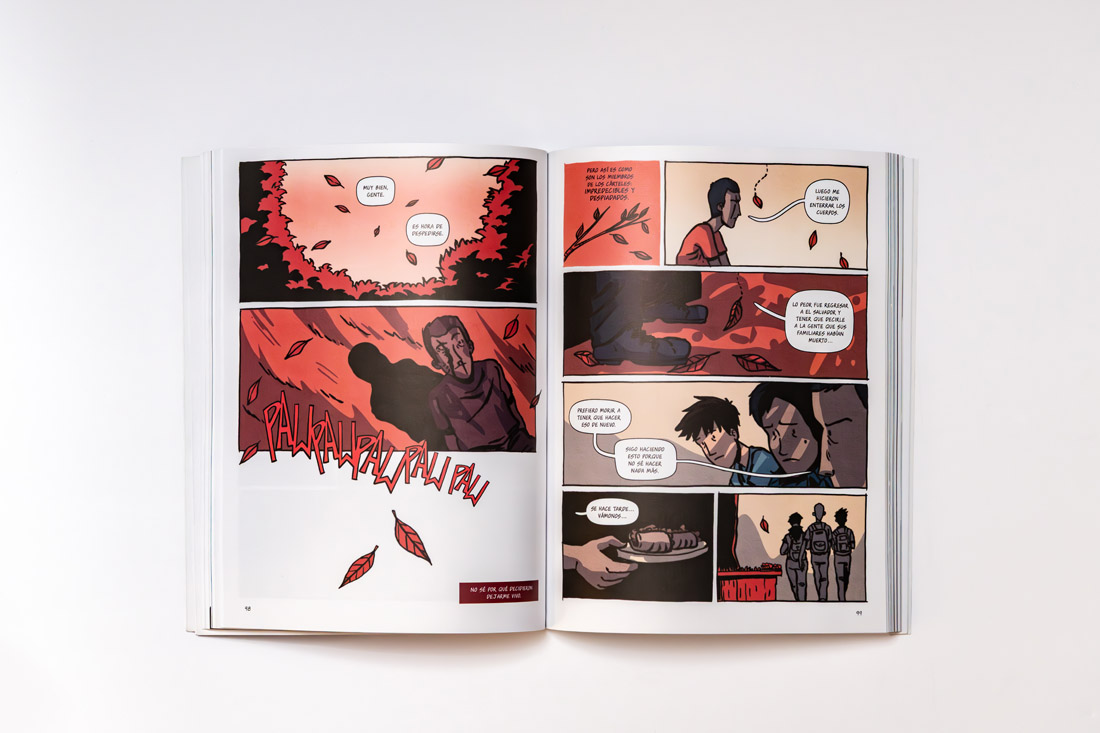 Open graphic novel showing two pages with a dramatic scene in red and black tones. The left page features a large panel with falling leaves and a silhouetted figure with stylized sound effect text. The right page contains five sequential panels depicting characters in conversation, with speech bubbles and continued autumn leaf imagery throughout.